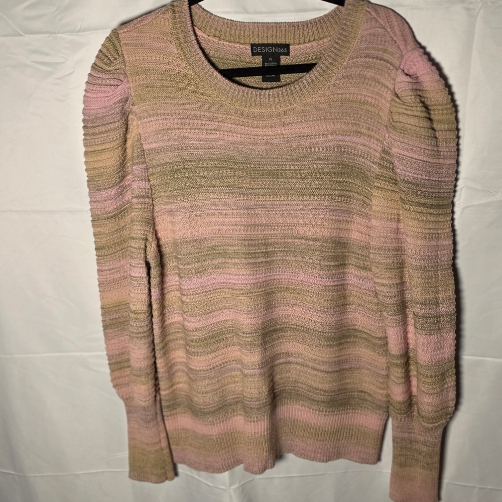 DESIGN365 Women's Striped Puff Sleeve‎ Sweater XL Pink Tan Green Textured Knit